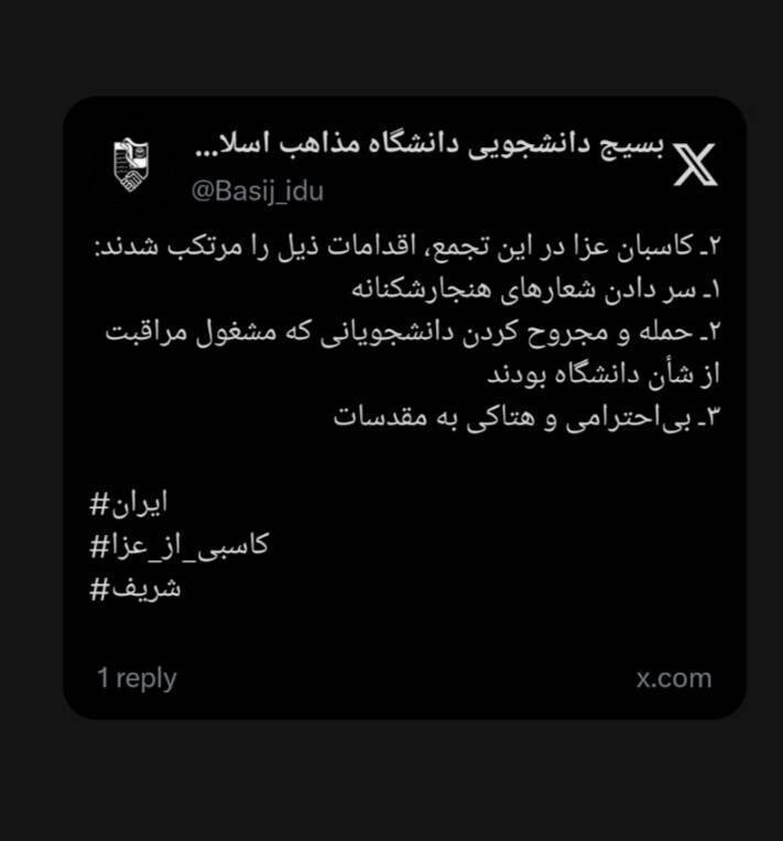 بسیج دانشجویی دانشگاه مذاهب اسلامی: دانشجونماها در تجمعات امروز به دنبال کاسبی از عزای مردم بودند + عکس